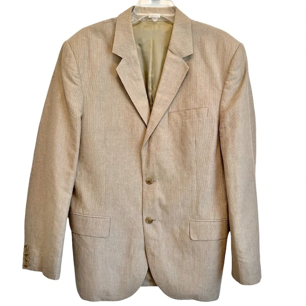 Calvin Klein Blazer Linen Blend Medium 44R Tan Stripe‎ Summer Sport Coat Jacket